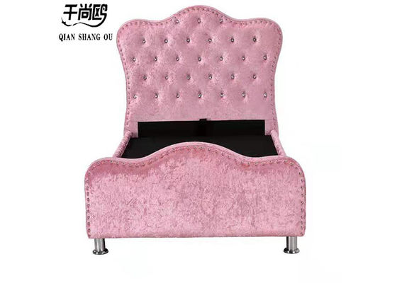 Pink Broken Velvet Fabric Upholstered Soft Floor Princess Bed Diamond Button