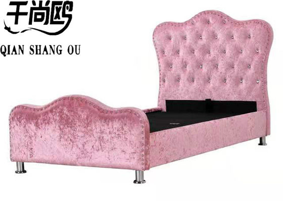 Pink Broken Velvet Fabric Upholstered Soft Floor Princess Bed Diamond Button