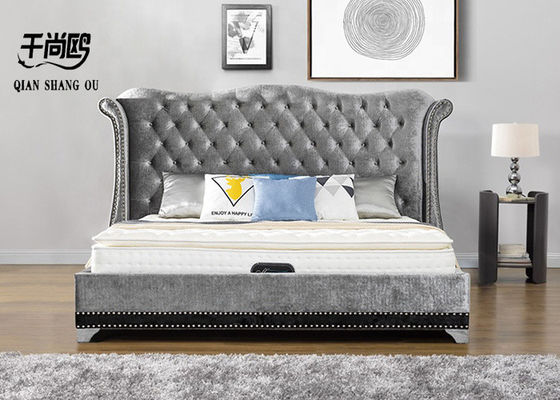 Grey color high bedside king double size furniture tufted upholstered bed