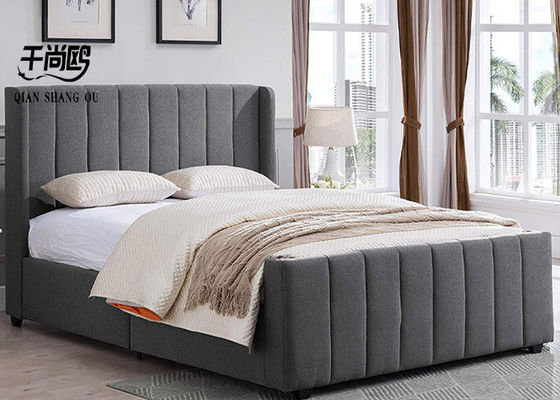 Double Linen Upholstered Bed Grey Color Matching Furniture Solid Wood Frame Bed