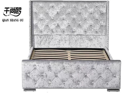 Silver Ice Velvet Bed , Upholstered Tufted Queen Bed With Headboard Wings