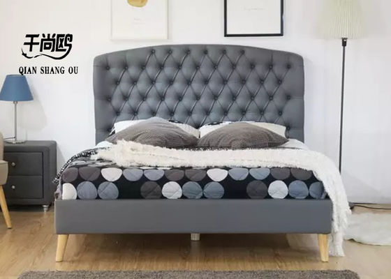 Grey Luxury Linen Upholstered Bed Frame with Lila Buckle Solid Wood Legs