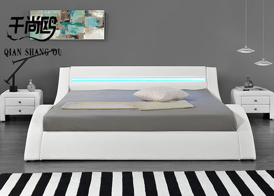 Luxury LED Reading Light Bed , PU White Leather Double Bed Frame