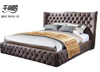 American Style Brown Leather Velvet Fabric Bed , Wooden Frame King Size Bed