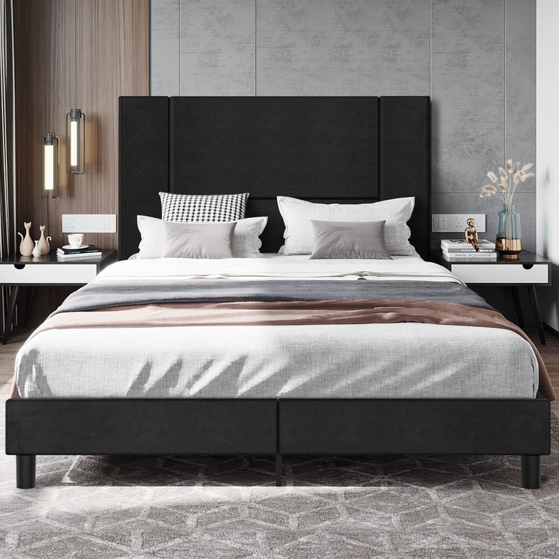 King Size Bedroom Furniture Upholstered Bed Frame Queen Size with Tufted Velvet Headboard, Mattress Foundation,
