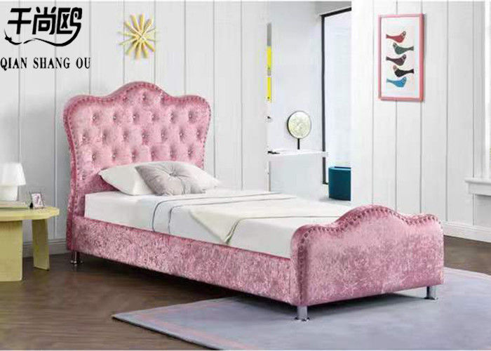 Pink Broken Velvet Fabric Upholstered Soft Floor Princess Bed Diamond Button