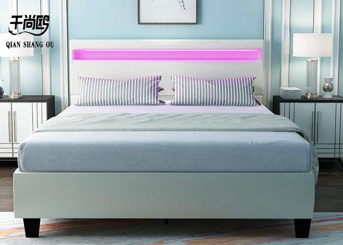 Modern LED Headboard Bed , Solid Wood Leather Bed European Style