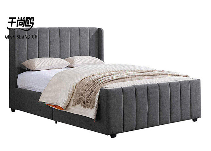 Double Linen Upholstered Bed Grey Color Matching Furniture Solid Wood Frame Bed