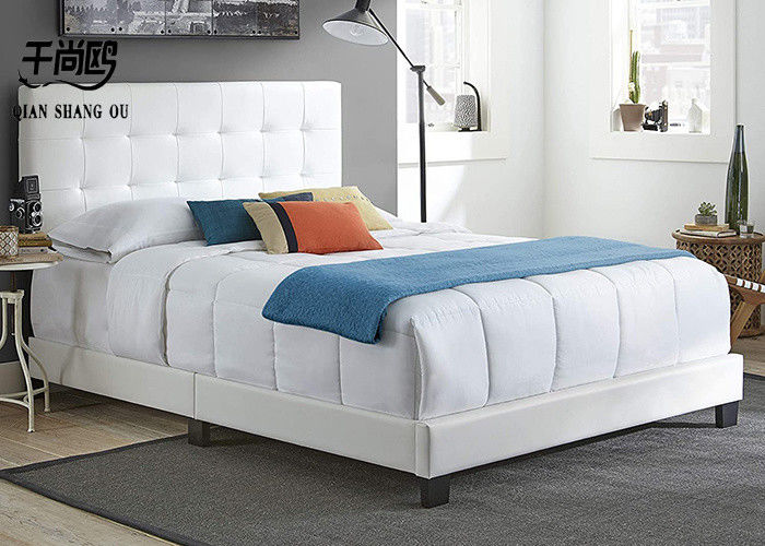 White Leather Leather Soft Platform Bed Low Key With Sturdy Wooden Strips
