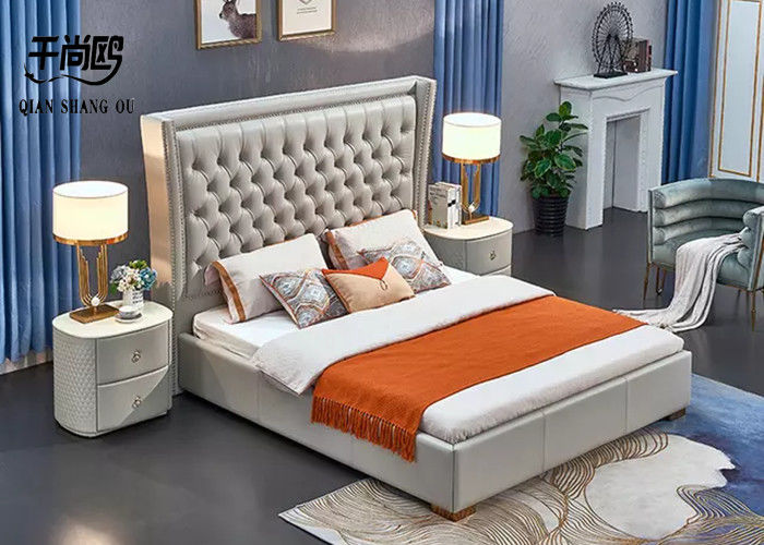 Handmade Pleated Upholstered Bed Frame Double Metal Rivet Custom Upholstered Platform Bed