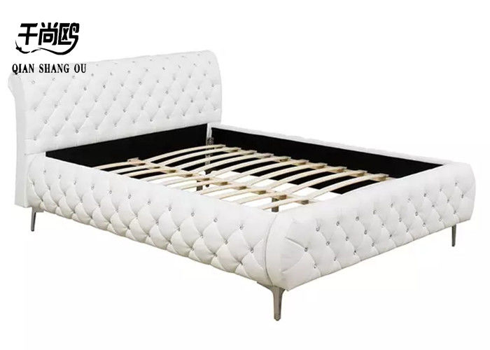Upholstered Beds King Size, White Leather Tufted Bed With Crystals