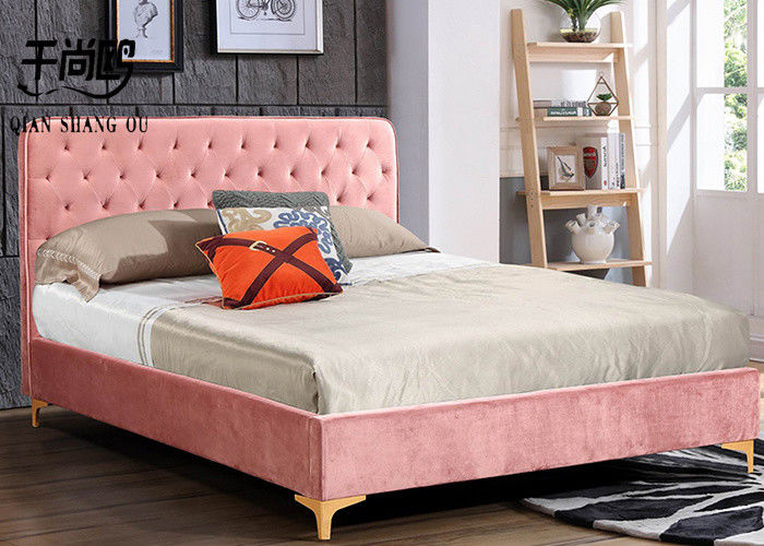 Fabric Double Platform Bed Frame , Tufted Low Profile Platform Bed With Golden Legs